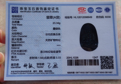 Certified Hand Carved Black Dark Green Natural Burma A Jade jadeite Guanyin Kwan Yin Pendant Necklace