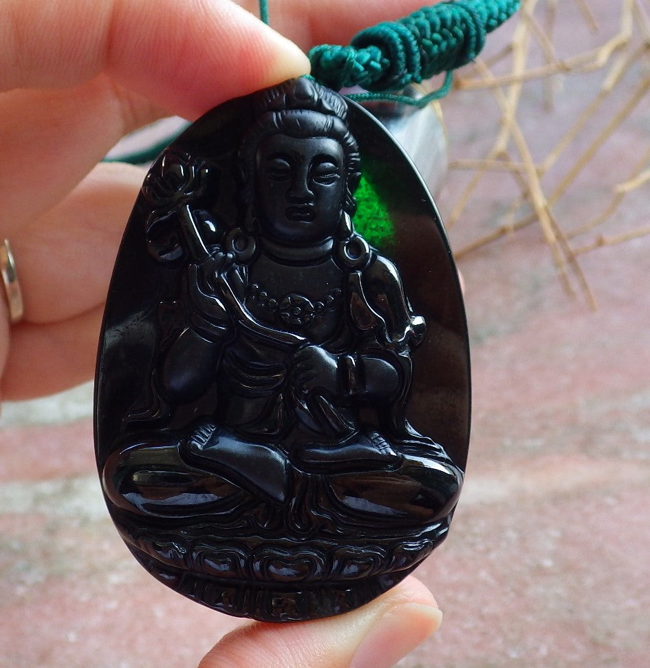 Certified Hand Carved Black Dark Green Natural Myanmar Burma A Jade jadeite Guanyin Kwan Yin Pendant Necklace