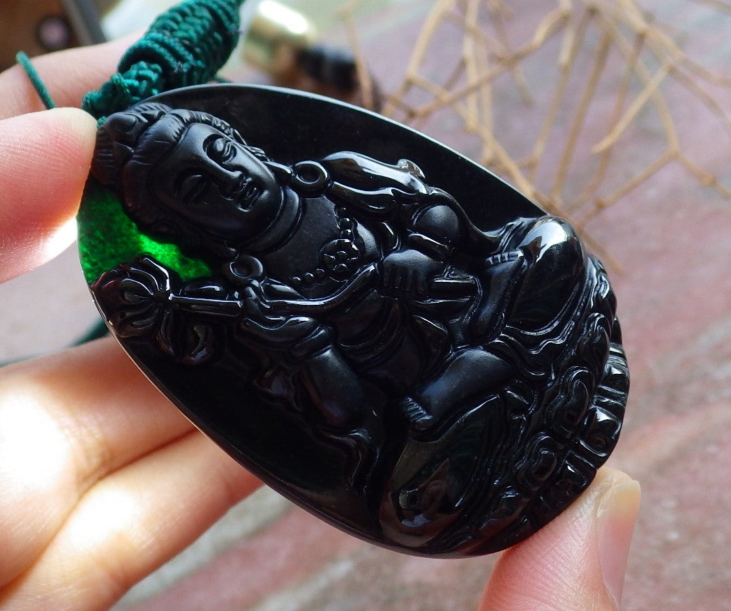 Certified Hand Carved Black Dark Green Natural Myanmar Burma A Jade jadeite Guanyin Kwan Yin Pendant Necklace