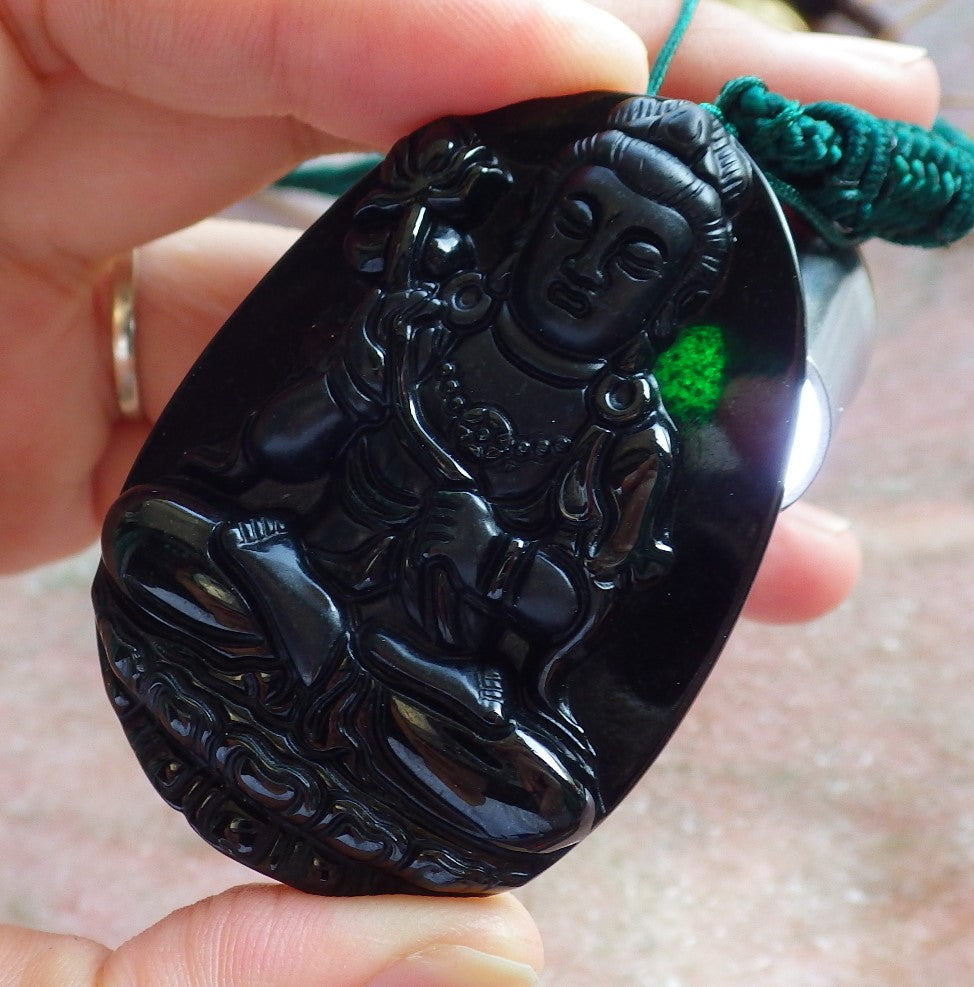 Certified Hand Carved Black Dark Green Natural Myanmar Burma A Jade jadeite Guanyin Kwan Yin Pendant Necklace