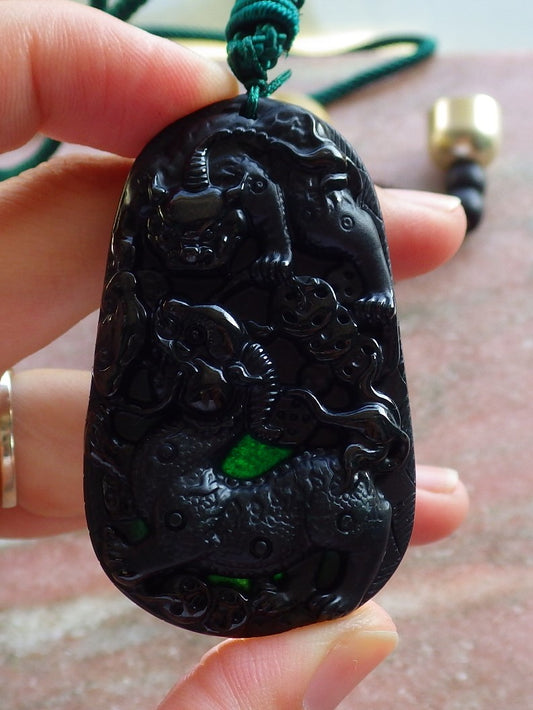 Certified Hand Carved Dark Green Black Natural Myanmar Burma A Jade Jadeite Dragon Bead Beads Pendant Necklace