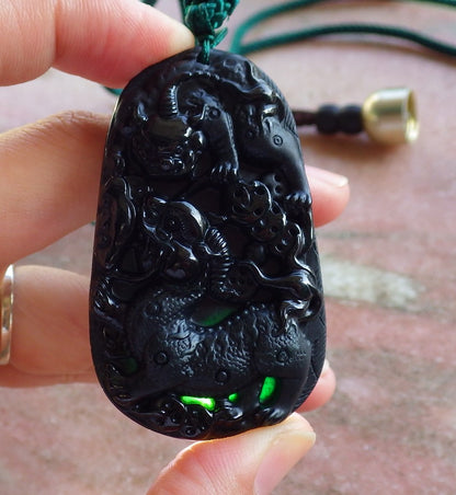 Certified Hand Carved Dark Green Black Natural Myanmar Burma A Jade Jadeite Dragon Bead Beads Pendant Necklace