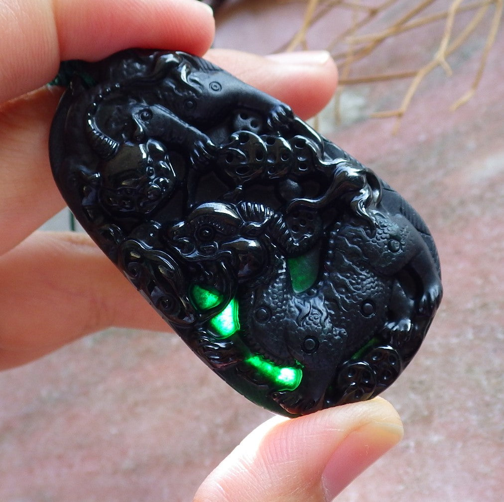 Certified Hand Carved Dark Green Black Natural Myanmar Burma A Jade Jadeite Dragon Bead Beads Pendant Necklace