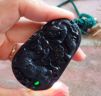 Certified Hand Carved Dark Green Black Natural Myanmar Burma A Jade Jadeite Dragon Bead Beads Pendant Necklace