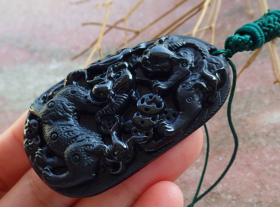 Certified Hand Carved Dark Green Black Natural Myanmar Burma A Jade Jadeite Dragon Bead Beads Pendant Necklace