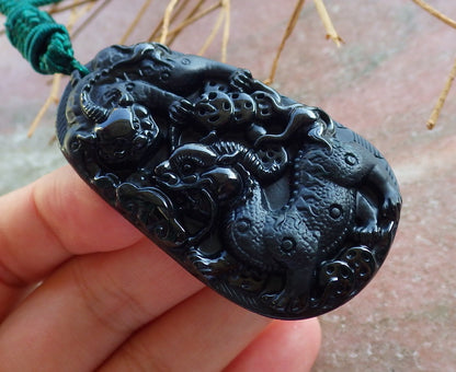Certified Hand Carved Dark Green Black Natural Myanmar Burma A Jade Jadeite Dragon Bead Beads Pendant Necklace