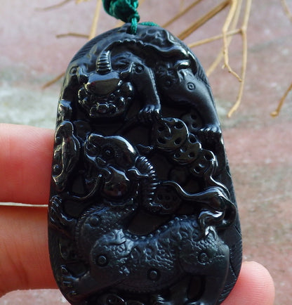 Certified Hand Carved Dark Green Black Natural Myanmar Burma A Jade Jadeite Dragon Bead Beads Pendant Necklace