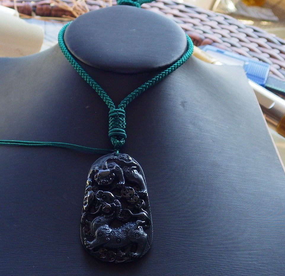 Certified Hand Carved Dark Green Black Natural Myanmar Burma A Jade Jadeite Dragon Bead Beads Pendant Necklace