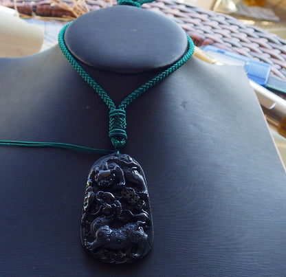 Certified Hand Carved Dark Green Black Natural Myanmar Burma A Jade Jadeite Dragon Bead Beads Pendant Necklace