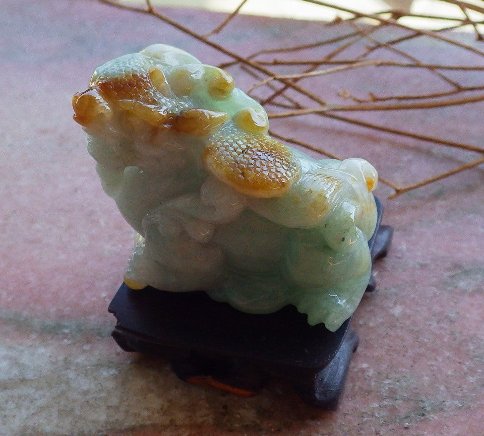 Certified Hand Carved Green Natural Myanmar Burma Grade A Jade jadeite Dragon Pi Xiu Display with Wood Stand