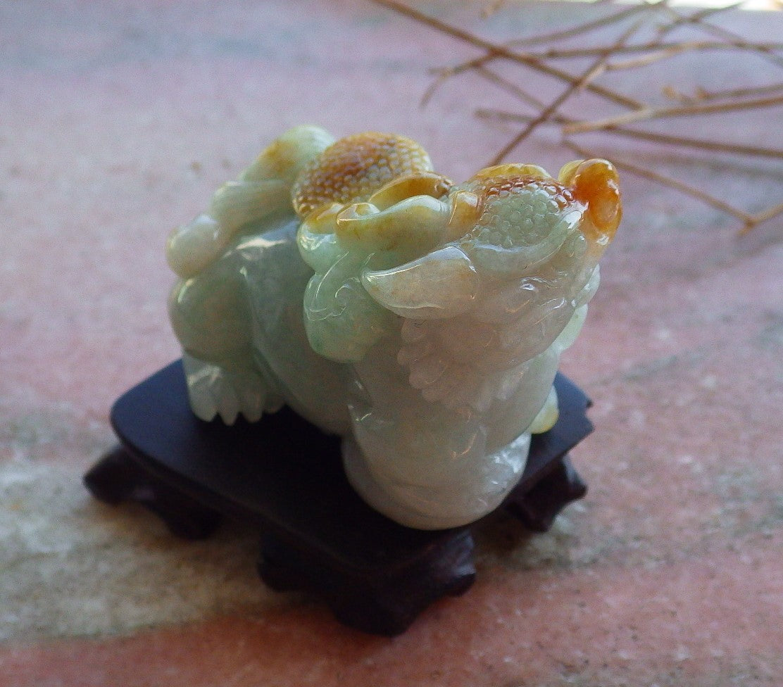 Certified Hand Carved Green Natural Myanmar Burma Grade A Jade jadeite Dragon Pi Xiu Display with Wood Stand