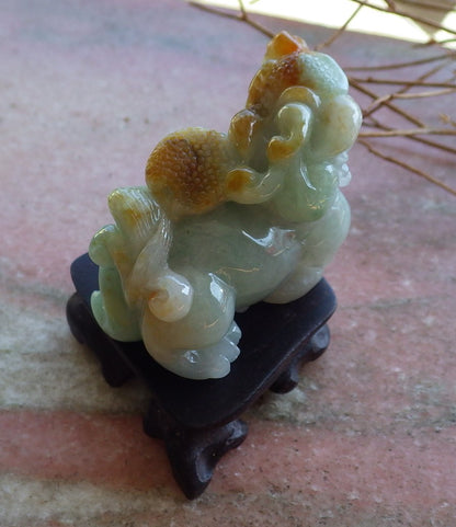 Certified Hand Carved Green Natural Myanmar Burma Grade A Jade jadeite Dragon Pi Xiu Display with Wood Stand