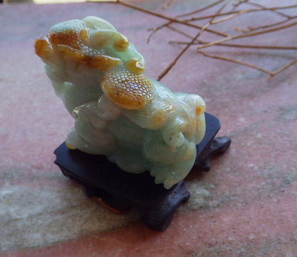 Certified Hand Carved Green Natural Myanmar Burma Grade A Jade jadeite Dragon Pi Xiu Display with Wood Stand