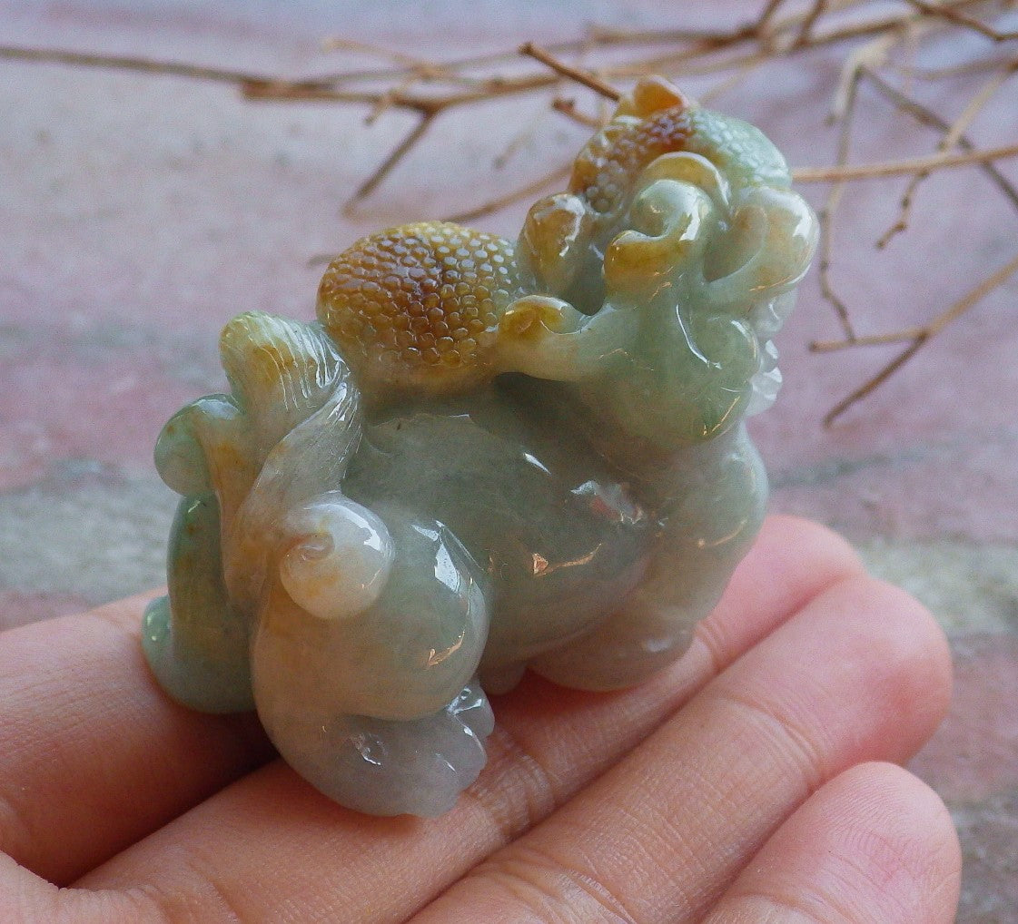 Certified Hand Carved Green Natural Myanmar Burma Grade A Jade jadeite Dragon Pi Xiu Display with Wood Stand