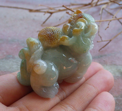 Certified Hand Carved Green Natural Myanmar Burma Grade A Jade jadeite Dragon Pi Xiu Display with Wood Stand
