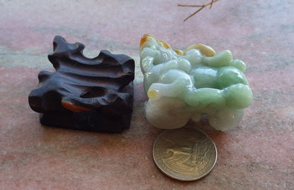 Certified Hand Carved Green Natural Myanmar Burma Grade A Jade jadeite Dragon Pi Xiu Display with Wood Stand