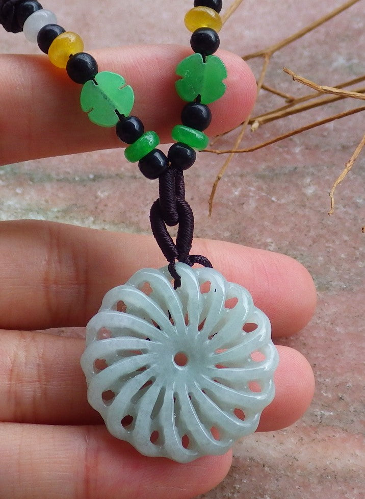 Certified Hand Carved Light Green Natural Myanmar Burma A Jade jadeite Coin Knotte Flower Circle Pendant Necklace