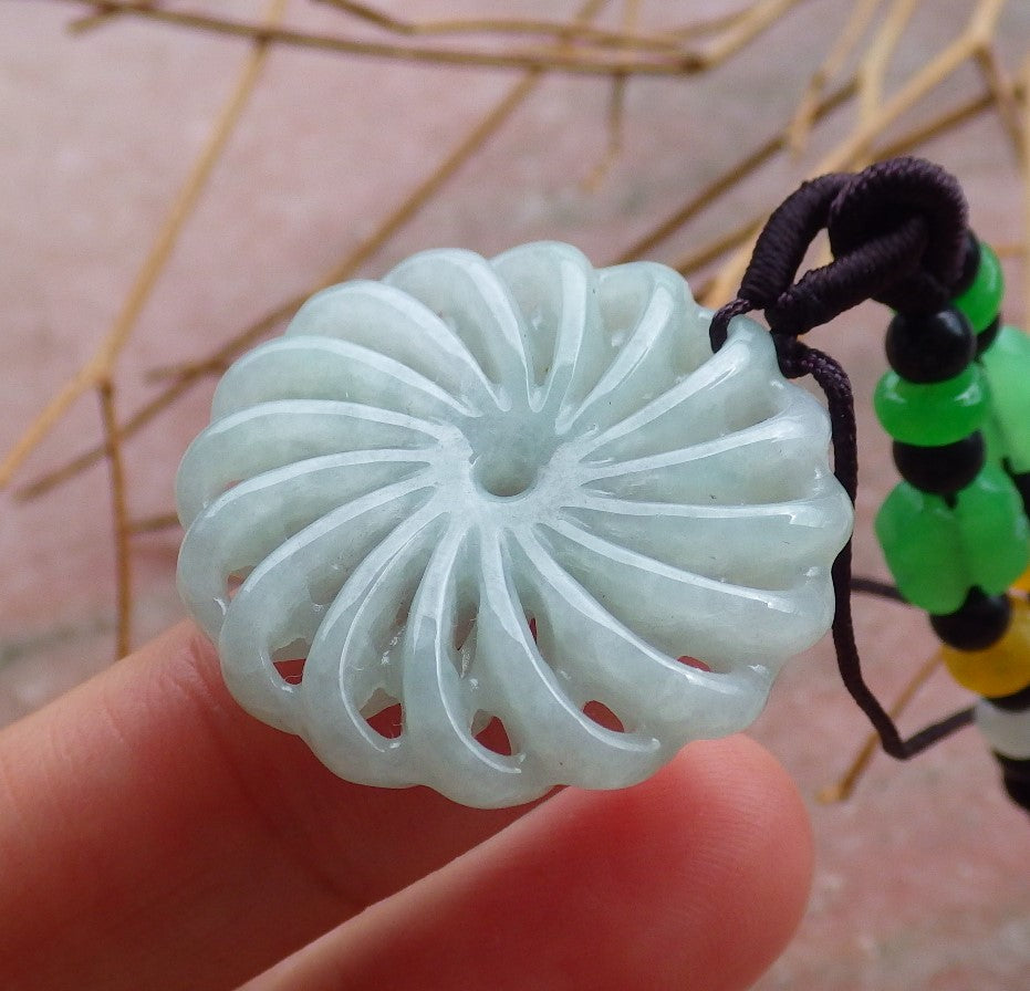 Certified Hand Carved Light Green Natural Myanmar Burma A Jade jadeite Coin Knotte Flower Circle Pendant Necklace