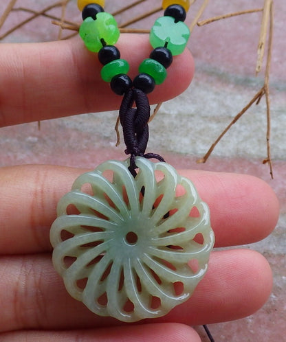 Certified Hand Carved Light Green Natural Myanmar Burma A Jade jadeite Coin Knotte Flower Circle Pendant Necklace