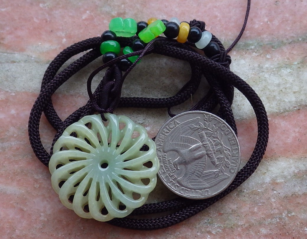 Certified Hand Carved Light Green Natural Myanmar Burma A Jade jadeite Coin Knotte Flower Circle Pendant Necklace