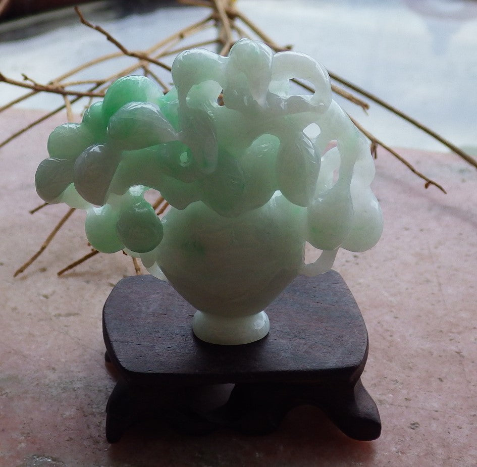 Certified Hand Carved Green Natural 100% Myanmar Burma A Jade jadeite Tree Leaf Vase Display with Wood Stand