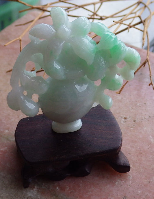 Certified Hand Carved Green Natural 100% Myanmar Burma A Jade jadeite Tree Leaf Vase Display with Wood Stand