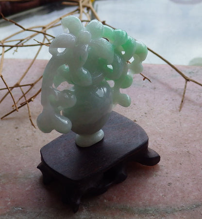 Certified Hand Carved Green Natural 100% Myanmar Burma A Jade jadeite Tree Leaf Vase Display with Wood Stand