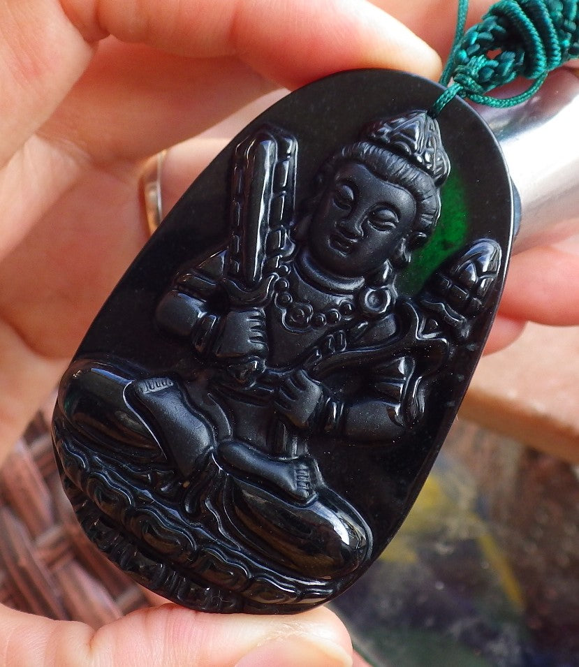 Certified Hand Carved Dark Green Black Natural Myanmar Burma A Jade Jadeite Guanyin Kwan yin Pendant Necklace