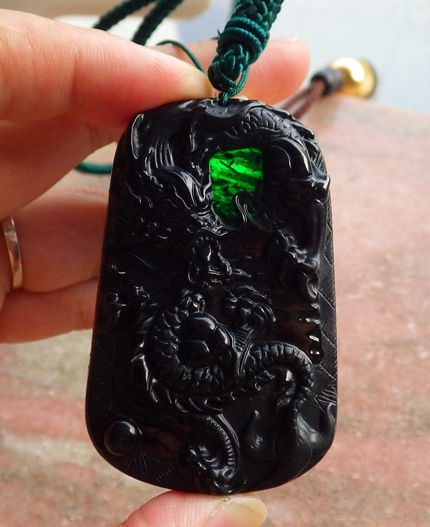 Certified Hand Carved Dark Green Black Natural Myanmar Burma A Jade Jadeite Dragon Pendant Necklace