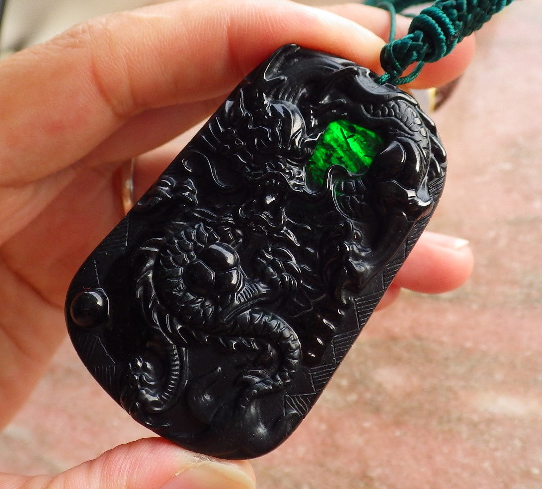 Certified Hand Carved Dark Green Black Natural Myanmar Burma A Jade Jadeite Dragon Pendant Necklace