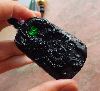 Certified Hand Carved Dark Green Black Natural Myanmar Burma A Jade Jadeite Dragon Pendant Necklace