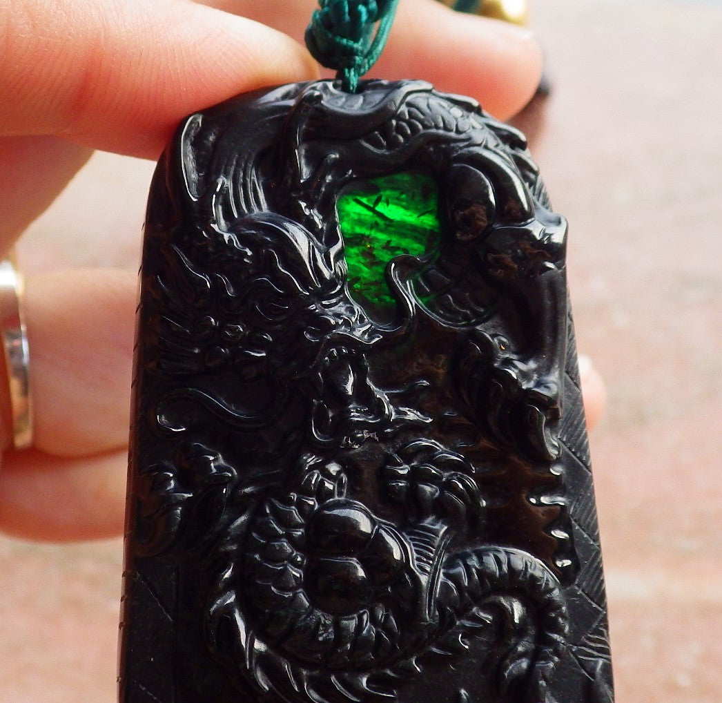 Certified Hand Carved Dark Green Black Natural Myanmar Burma A Jade Jadeite Dragon Pendant Necklace