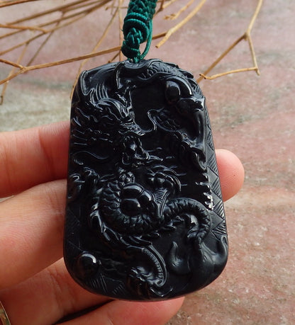 Certified Hand Carved Dark Green Black Natural Myanmar Burma A Jade Jadeite Dragon Pendant Necklace