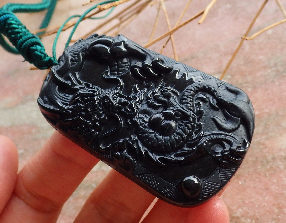 Certified Hand Carved Dark Green Black Natural Myanmar Burma A Jade Jadeite Dragon Pendant Necklace