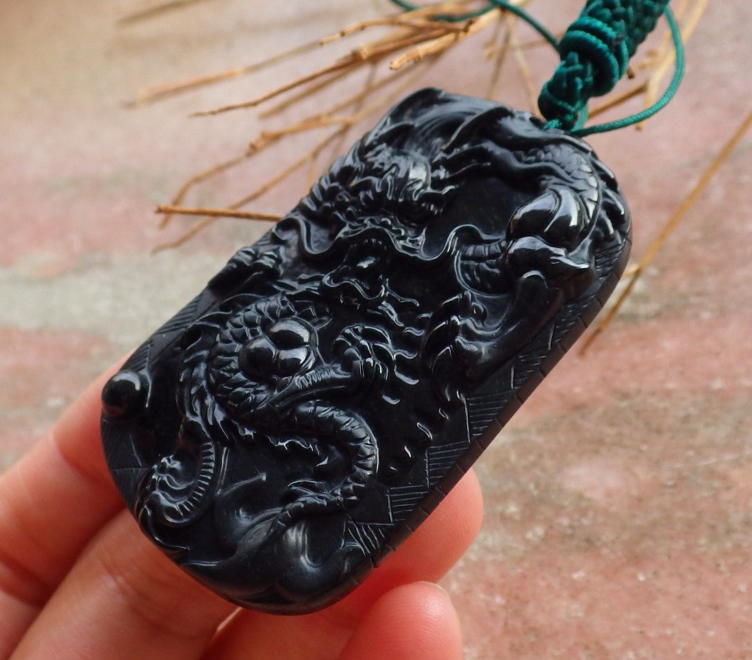 Certified Hand Carved Dark Green Black Natural Myanmar Burma A Jade Jadeite Dragon Pendant Necklace