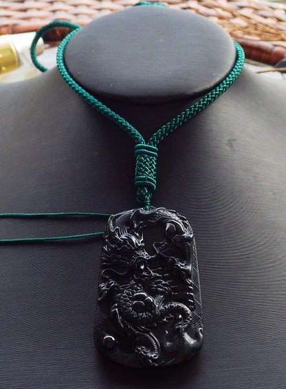 Certified Hand Carved Dark Green Black Natural Myanmar Burma A Jade Jadeite Dragon Pendant Necklace