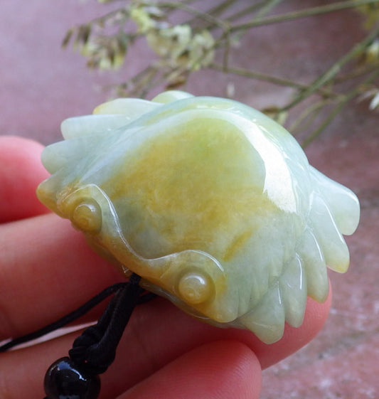 Certified Hand Carved Yellow Natural Myanmar Burma A Jade Carving Ruyi Crab Pendant Necklace