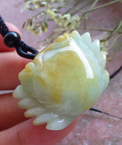 Certified Hand Carved Yellow Natural Myanmar Burma A Jade Carving Ruyi Crab Pendant Necklace