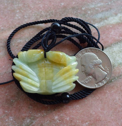 Certified Hand Carved Yellow Natural Myanmar Burma A Jade Carving Ruyi Crab Pendant Necklace