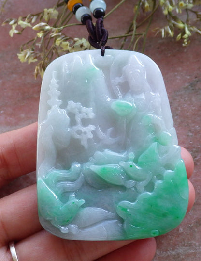 Certified Hand Carved Natural Myanmar Burma A Jade jadeite Landscape painting Guanyin Kwan Yin Pendant Necklace