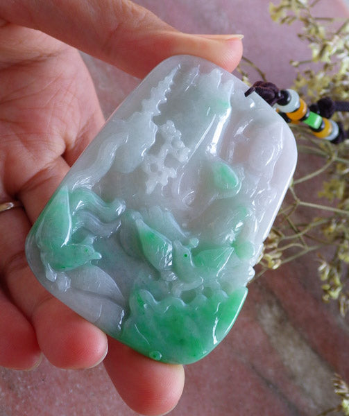 Certified Hand Carved Natural Myanmar Burma A Jade jadeite Landscape painting Guanyin Kwan Yin Pendant Necklace