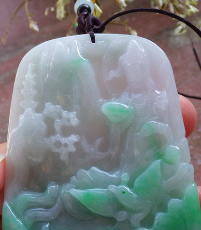 Certified Hand Carved Natural Myanmar Burma A Jade jadeite Landscape painting Guanyin Kwan Yin Pendant Necklace