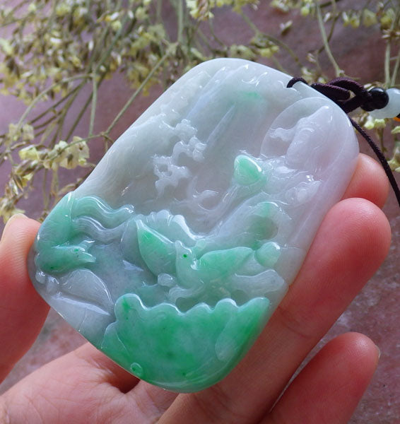 Certified Hand Carved Natural Myanmar Burma A Jade jadeite Landscape painting Guanyin Kwan Yin Pendant Necklace