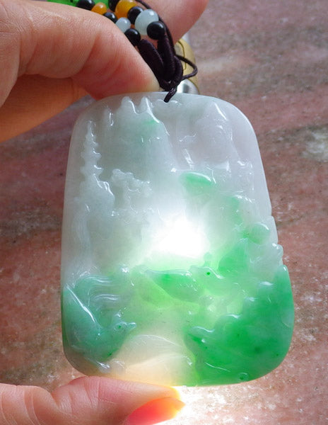 Certified Hand Carved Natural Myanmar Burma A Jade jadeite Landscape painting Guanyin Kwan Yin Pendant Necklace