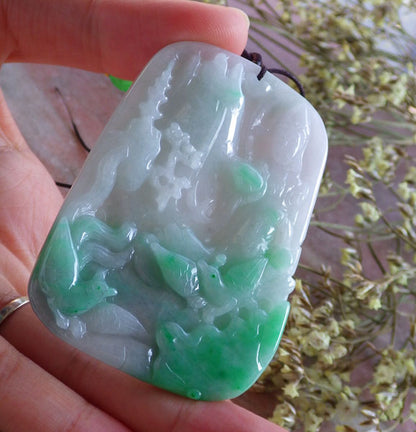 Certified Hand Carved Natural Myanmar Burma A Jade jadeite Landscape painting Guanyin Kwan Yin Pendant Necklace