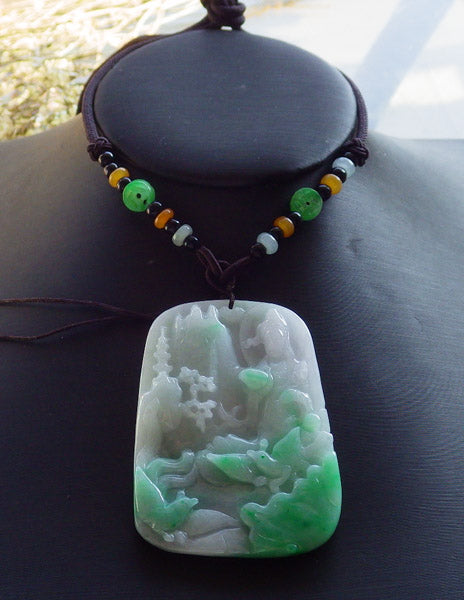 Certified Hand Carved Natural Myanmar Burma A Jade jadeite Landscape painting Guanyin Kwan Yin Pendant Necklace