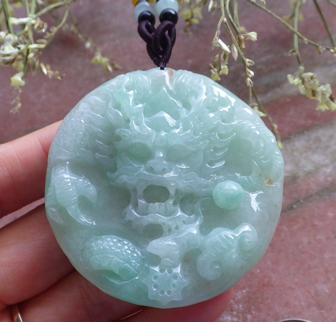 Certified Hand Carved Green Natural Myanmar Burma A Jade jadeite Circle Dragon Bead Beads Pendant Necklace