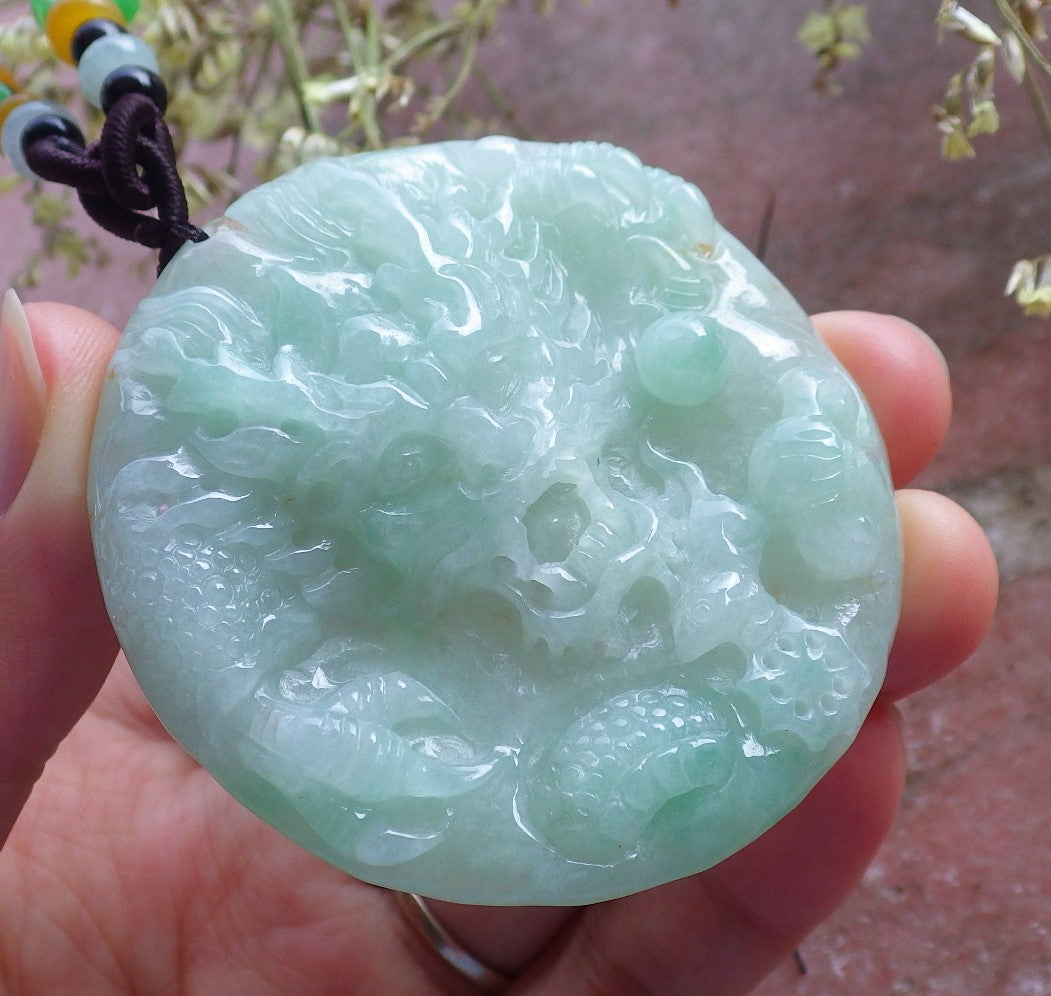 Certified Hand Carved Green Natural Myanmar Burma A Jade jadeite Circle Dragon Bead Beads Pendant Necklace