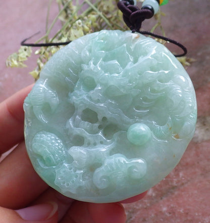 Certified Hand Carved Green Natural Myanmar Burma A Jade jadeite Circle Dragon Bead Beads Pendant Necklace