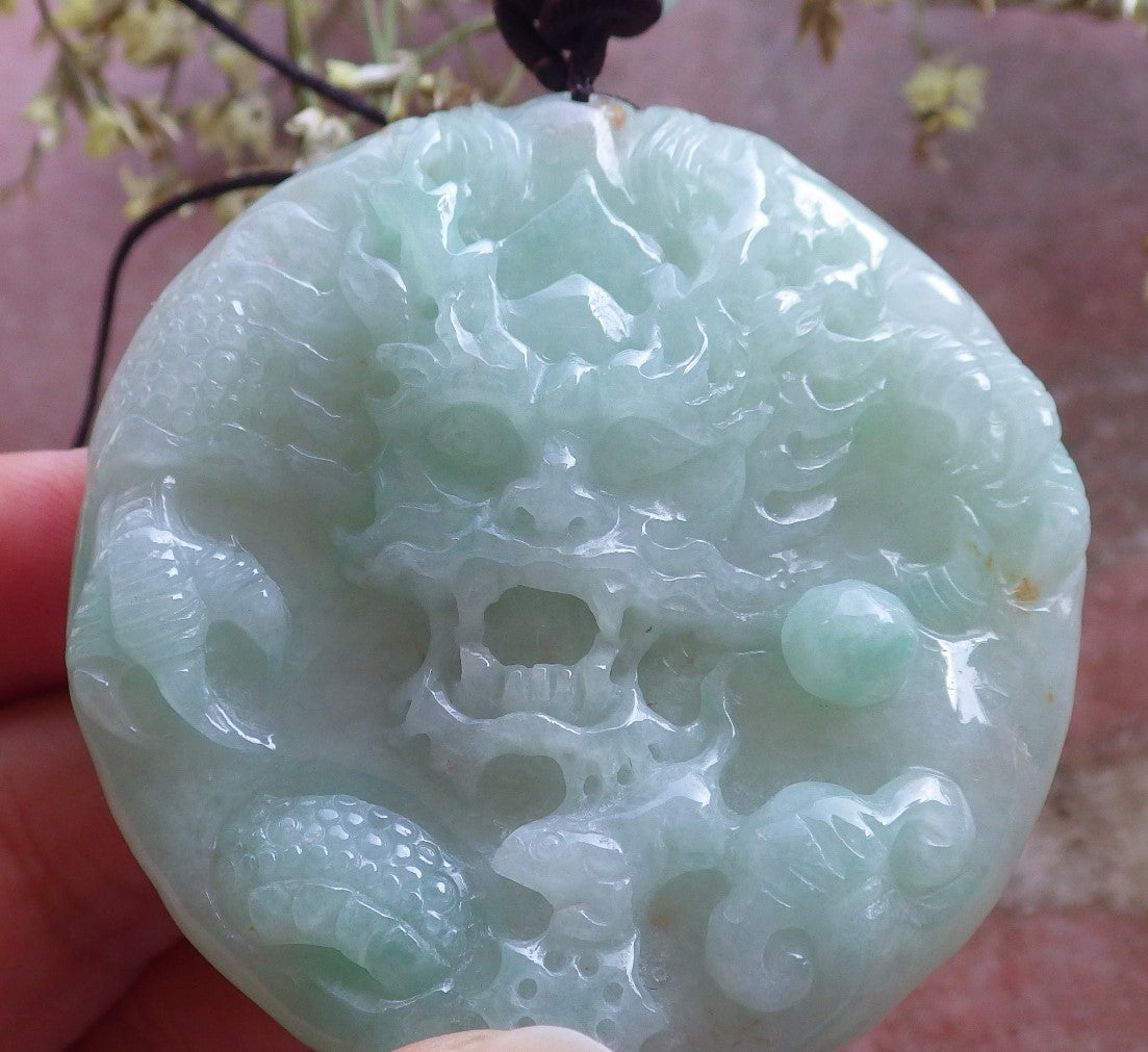 Certified Hand Carved Green Natural Myanmar Burma A Jade jadeite Circle Dragon Bead Beads Pendant Necklace